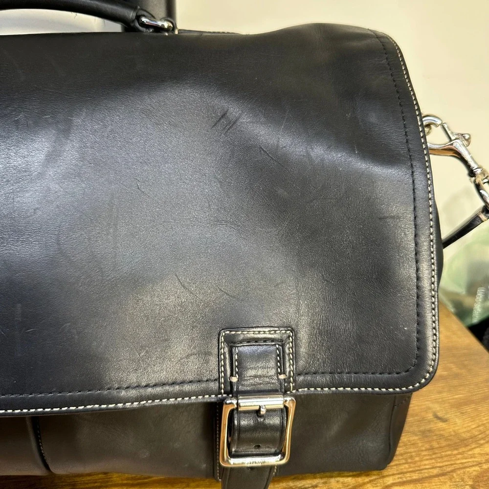Coach Mens Black Leather Messenger Bag Briefcase White Stitching Silver Hardware - Picture 4 of 16